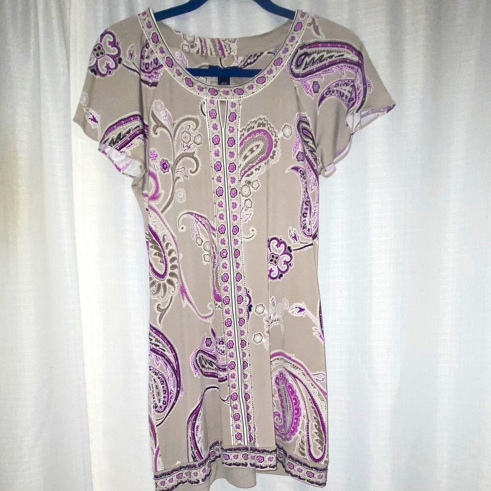 Alfani Petite PS Taupe Purple Paisley Kurta top.